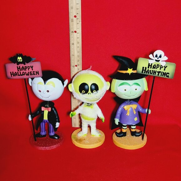 Halloween Figurines Witch Dracula Mummy Bobble Head Spring Set of 3 - Picture 7 of 12
